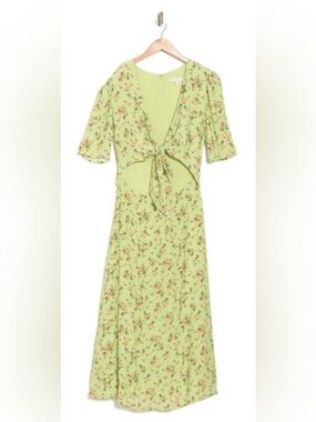 Wayf Rosalind Green Floral Cutout Tie Front Midi Dress NWT Size S